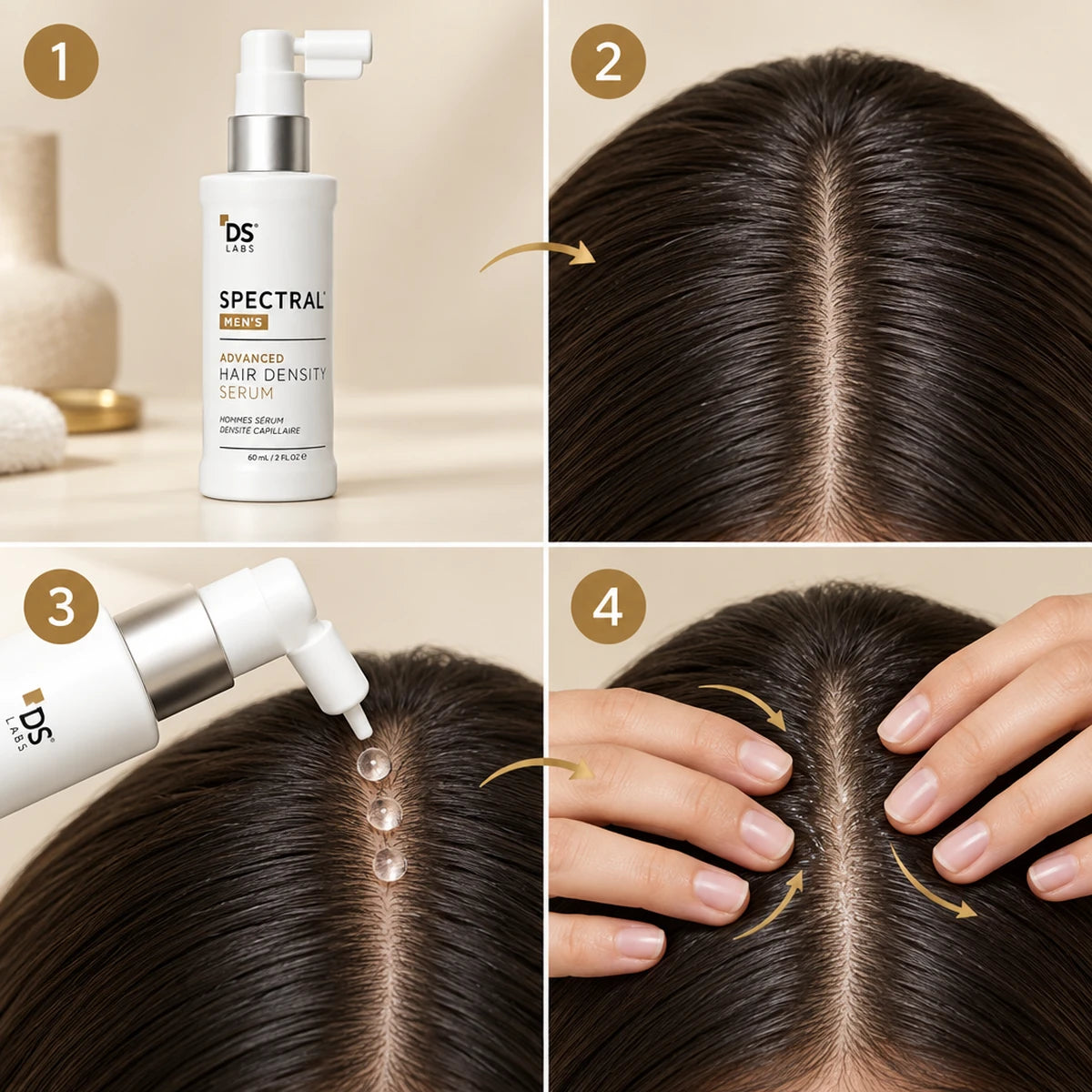 Guía visual en cuatro pasos: preparar Spectral MEN’S, separar el cabello, aplicar el sérum directamente sobre el cuero cabelludo y distribuirlo con un masaje suave.