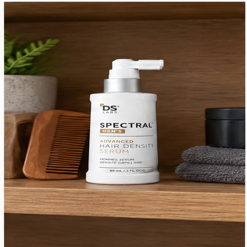 Spectral MEN’S sobre un estante de baño con accesorios de cuidado personal.