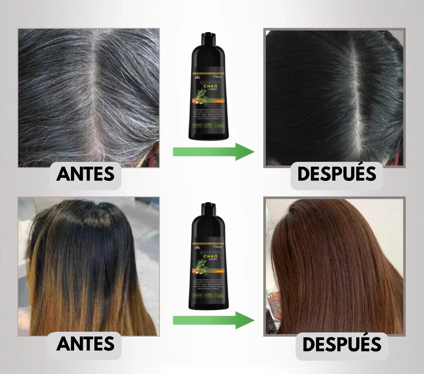 Chao Canas  Shampo 🧅: Recupera el color natural de tu cabello en minutos y previene la caida 🌿