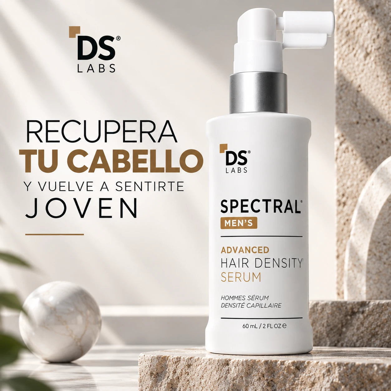 Composición de Spectral MEN’S con el frasco sobre una base de piedra y el texto Recupera tu cabello y vuelve a sentirte joven.